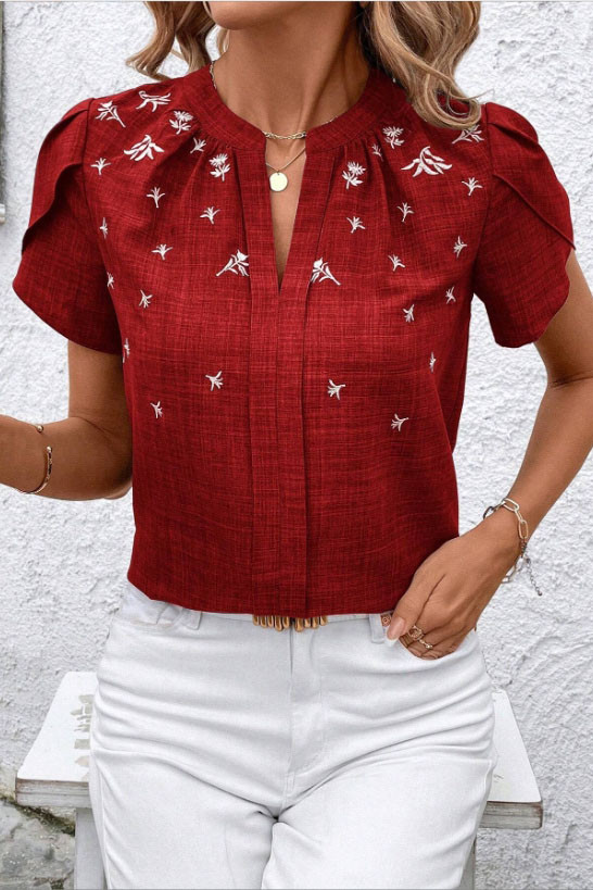 Solid Color Short Sleeved V-Neck Pleated T-Shirt