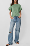 Solid Color Round Neck Ruffle Short Sleeved T-Shirt
