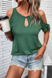 Hollow Lace Up Round Neck Off Shoulder T-Shirt