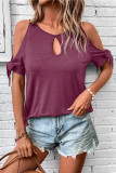 Hollow Lace Up Round Neck Off Shoulder T-Shirt