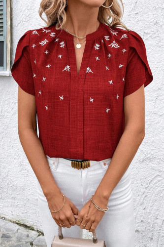 Solid Color Short Sleeved V-Neck Pleated T-Shirt