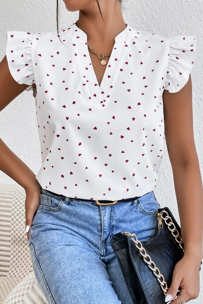 Love Print V-Neck Ruffled Sleeve Shirt