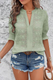 Swiss Dot V-Neck Bubble Sleeve Solid Color T-Shirt