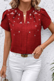 Solid Color Short Sleeved V-Neck Pleated T-Shirt