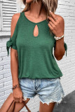 Hollow Lace Up Round Neck Off Shoulder T-Shirt