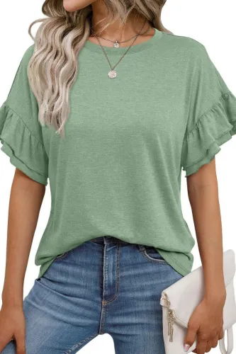Solid Color Round Neck Ruffle Short Sleeved T-Shirt