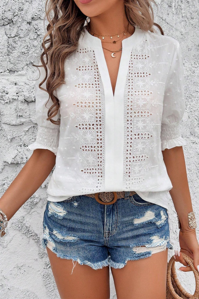 Swiss Dot V-Neck Bubble Sleeve Solid Color T-Shirt