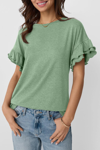 Solid Color Round Neck Ruffle Short Sleeved T-Shirt