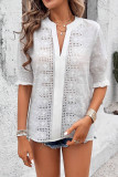 Swiss Dot V-Neck Bubble Sleeve Solid Color T-Shirt