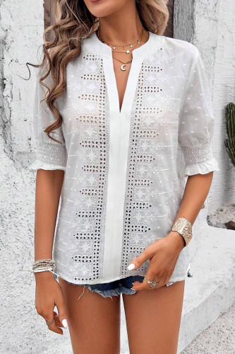 Swiss Dot V-Neck Bubble Sleeve Solid Color T-Shirt