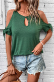 Hollow Lace Up Round Neck Off Shoulder T-Shirt