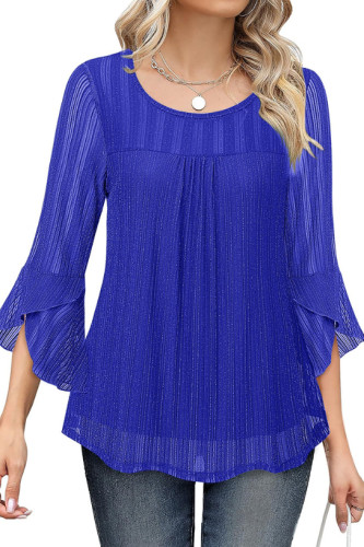 Round Neck Ruffle Sleeves Shiny Mesh Top