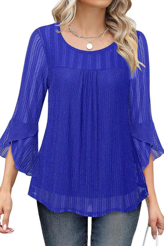 Round Neck Ruffle Sleeves Shiny Mesh Top