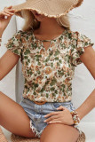 Printed Ruffled V-Neck Short Sleeved T-Shirt