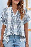 V-Neck Short Sleeved Striped Loose Plaid Shirt