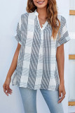 V-Neck Short Sleeved Striped Loose Plaid Shirt