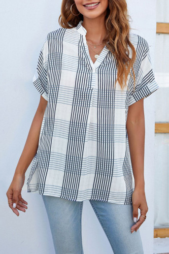 V-Neck Short Sleeved Striped Loose Plaid Shirt