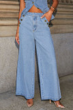 Button Sleeveless Vest Wide Leg Jeans Two-Piece Set