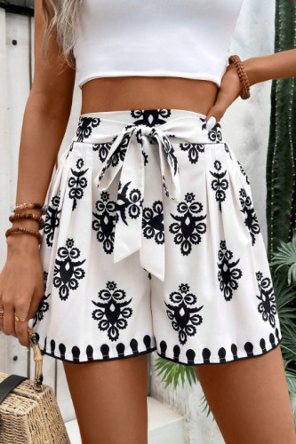 Digital Printed Lace Up Mid Waist Loose Shorts