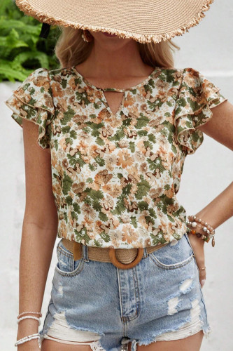 Printed Ruffled V-Neck Short Sleeved T-Shirt