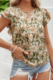 Printed Ruffled V-Neck Short Sleeved T-Shirt