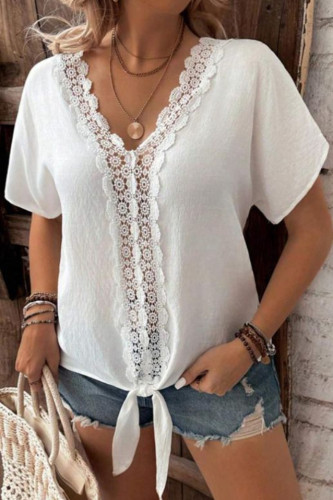 Solid Color Lace V-Neck Short Sleeved Shirt