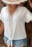 Solid Color Lace V-Neck Short Sleeved Shirt