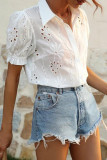 Solid Color Short Sleeved Hollow Button Shirt