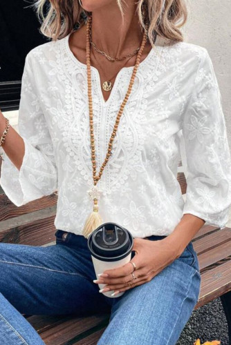 Loose Embroidered Lace V-Neck Shirt