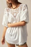 Solid Color Lace Round Neck Short Sleeved Shirt