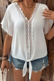 Solid Color Lace V-Neck Short Sleeved Shirt