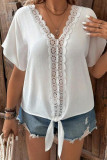 Solid Color Lace V-Neck Short Sleeved Shirt