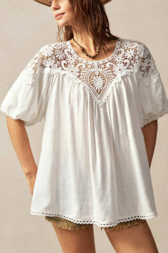 Solid Color Lace Round Neck Short Sleeved Shirt