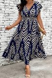 V-Neck Waist Cinched Striped Printed Dress