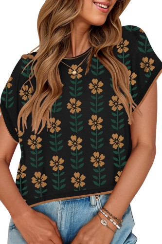 Round Neck Knitted Flower Printed Sweater
