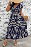 V-Neck Waist Cinched Striped Printed Dress