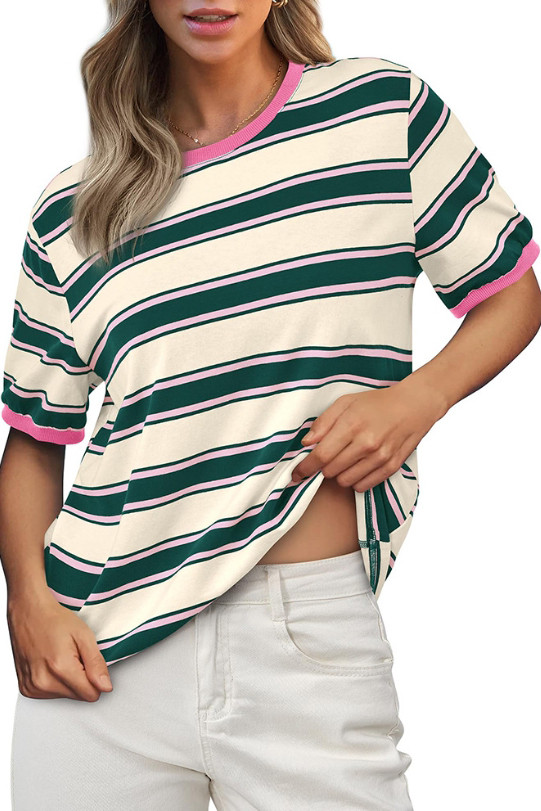 Round Neck Loose Striped Short Sleeved T-Shirt