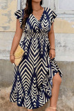 V-Neck Waist Cinched Striped Printed Dress