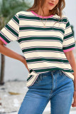 Round Neck Loose Striped Short Sleeved T-Shirt