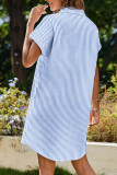 Short Sleeved Striped Cotton Linen Shirt Dress