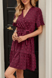 V-Neck Swiss Dot Ruffled Short Sleeved Dress