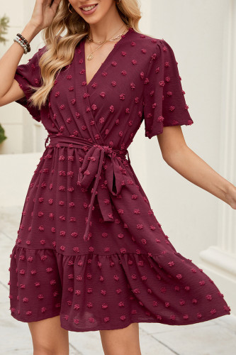 V-Neck Swiss Dot Ruffled Short Sleeved Dress