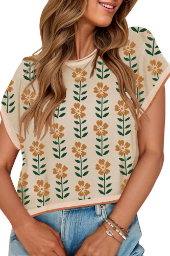 Round Neck Knitted Flower Printed Sweater