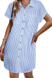 Short Sleeved Striped Cotton Linen Shirt Dress