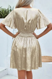 Solid Color V-Neck Ruffle Short Sleeve Dress