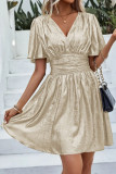 Solid Color V-Neck Ruffle Short Sleeve Dress