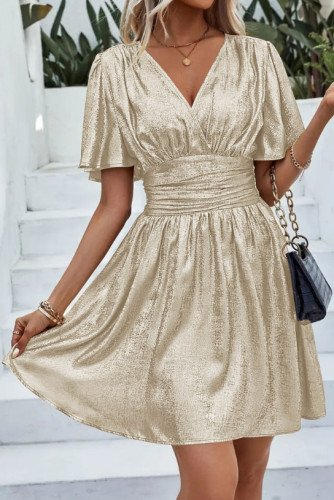 Solid Color V-Neck Ruffle Short Sleeve Dress