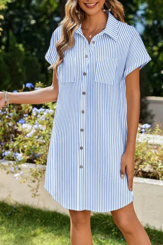 Short Sleeved Striped Cotton Linen Shirt Dress