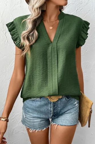 Flying Sleeve Solid Color V-Neck Shirt