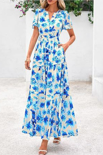V-Neck Pleated Bohemian Short Sleeved Dress